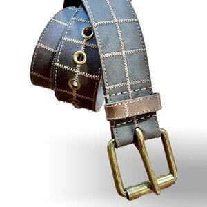 Leather chunky‎ grommet rivet belt zig zag stitching geometric square windowpane